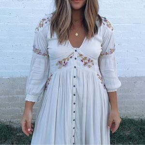 Free People White Long Sleeve Dress with Floral Embroidery